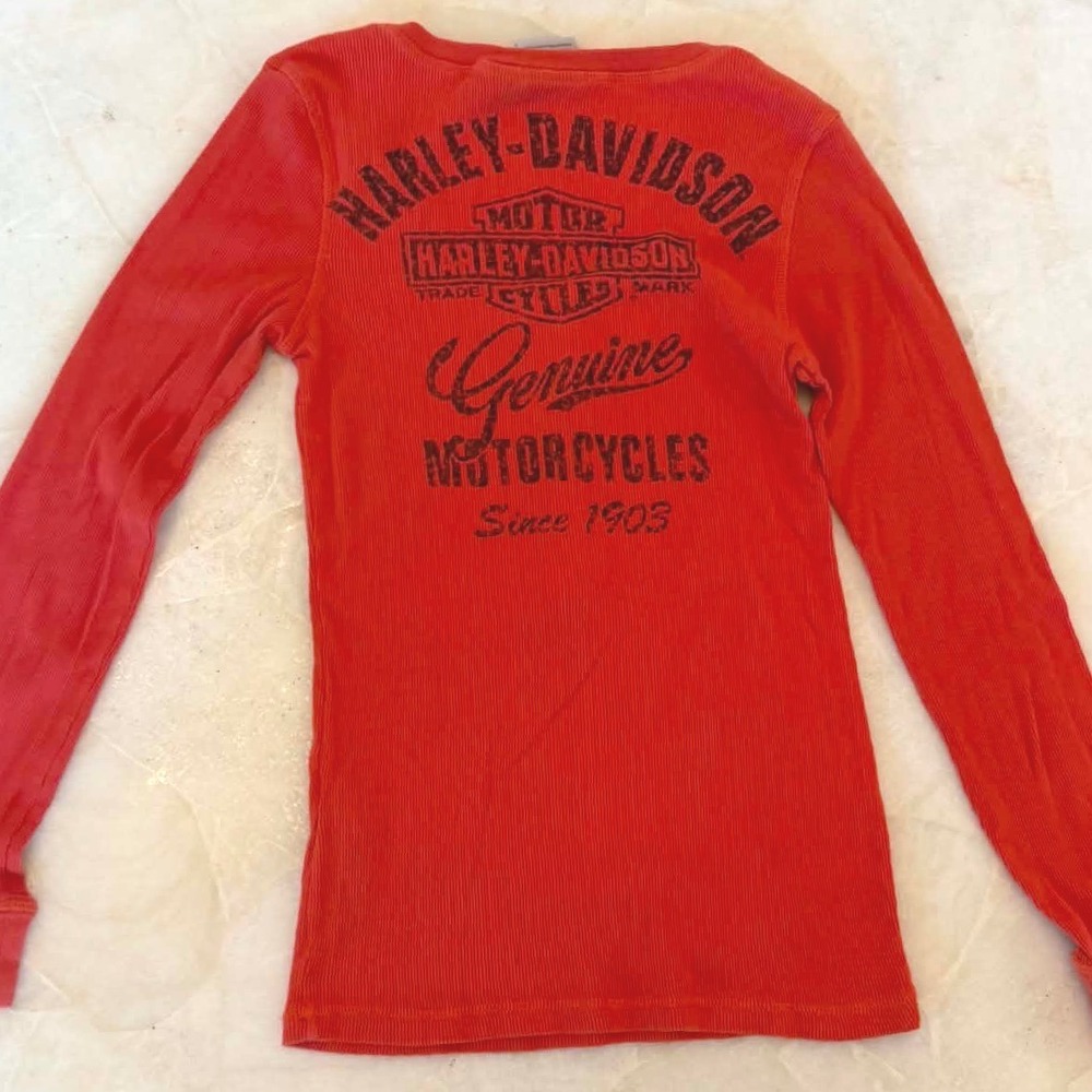 Y2K Harley-Davidson Womens Orange Ribbed Henley Long Sleeve Graphic Shirt Medium
